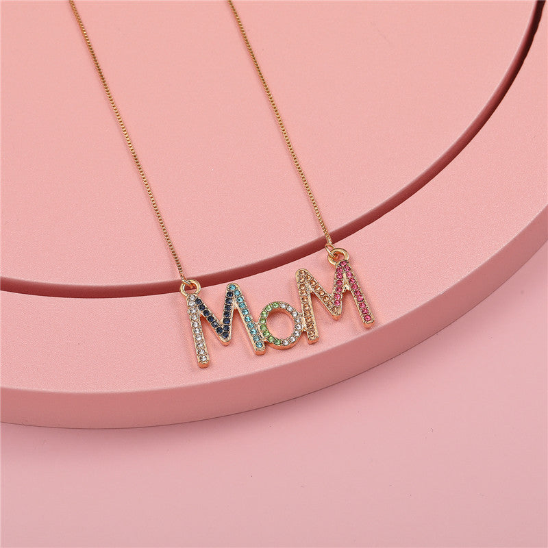 Minimalist MOM Letter Pendant Necklace for Children Alloy Snake Chain with Colorful Rhinestone Inlay