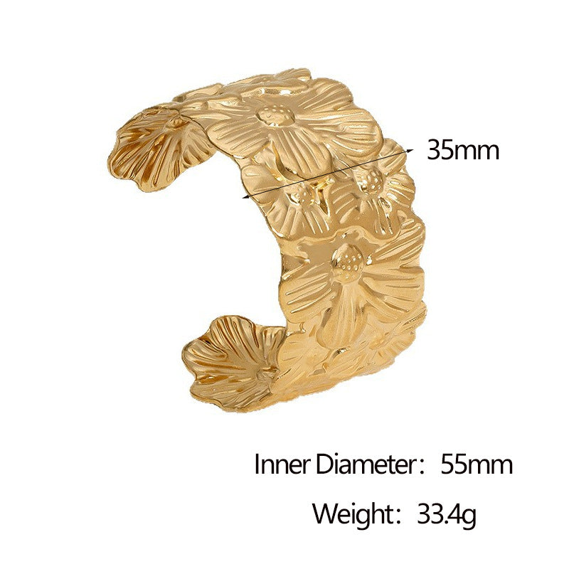 Minimalist 18K Gold Plated Stainless Steel Wide Open Cuff Bracelet with Floral Design for Women