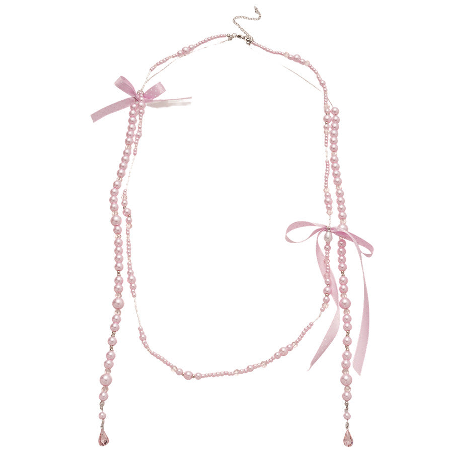 Elegante Collana Pendente con Fiocco di Strass in Stile Francese con Dettagli in Perle Sintetiche, Delicata Catenina per Maglione da Donna, Chic Minimalista per l'Uso Quotidiano