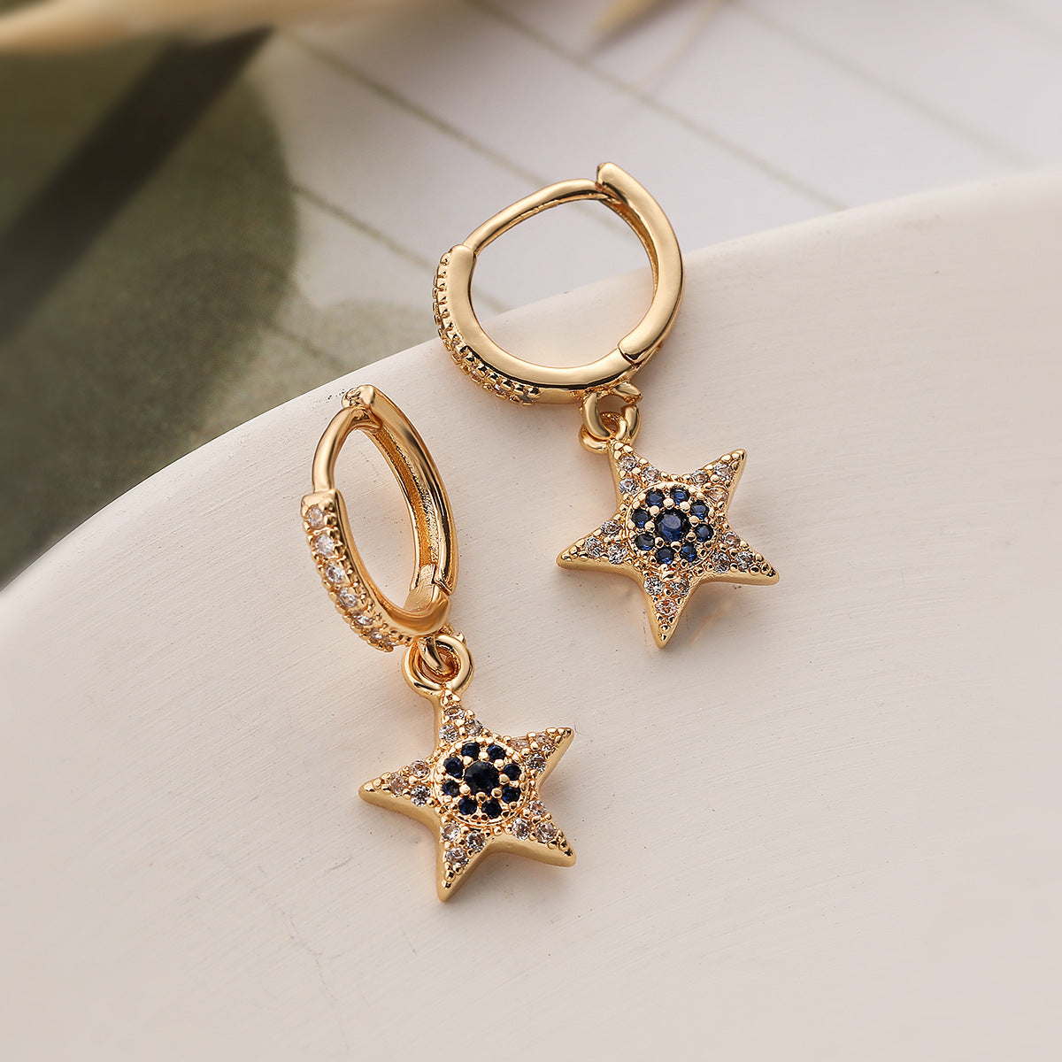 Minimalist Geometric Star-Shaped Copper Earrings with Real Gold Plating and Blue Zircon Accents for Women