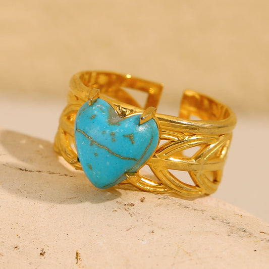 Vintage Style Geometric Turquoise Heart Opening Ring in Stainless Steel with 18K Gold Plating for Women