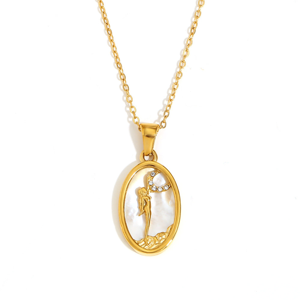 Geometric Zodiac Pendant Necklace for Women Stainless Steel with 18K Gold Plating and Rhinestone Accents