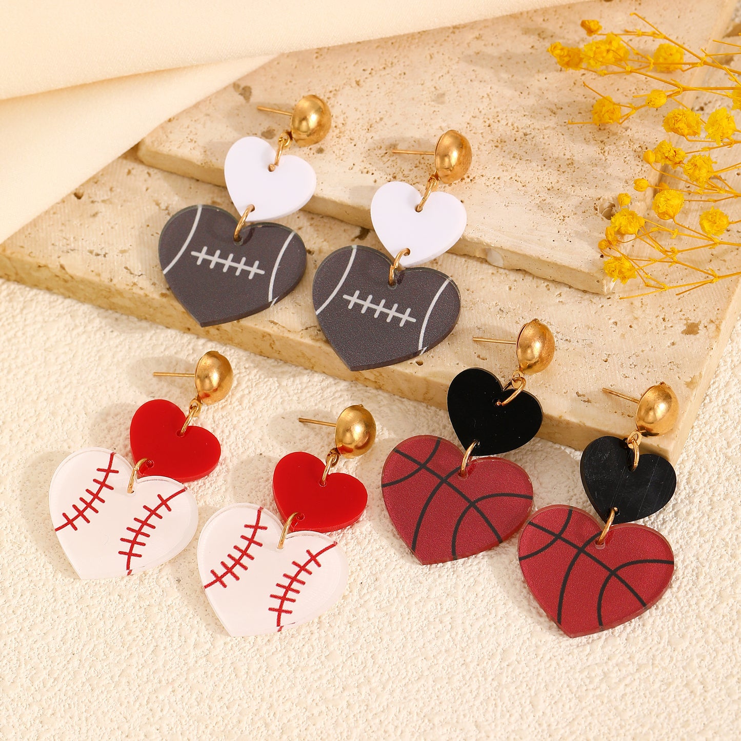Vintage Acrylic Heart Stud Earrings with Sports Ball Print for Women