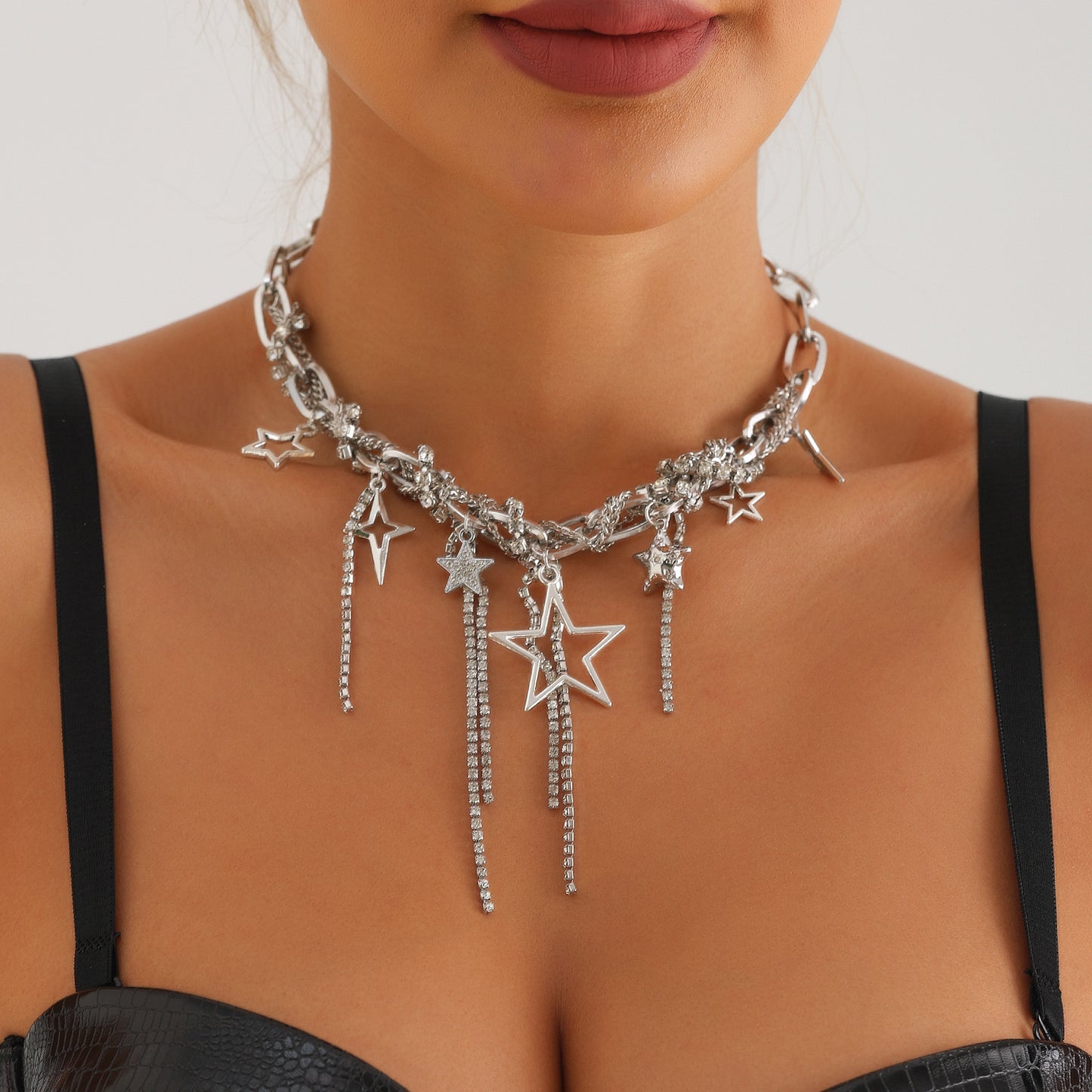 Geometric Star Pendant Necklace for Women with Electroplated Metal Chain and Rhinestone Accents