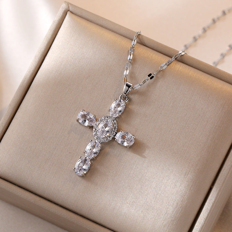 Vintage Sweet Cross Cubic Zirconia Inlay Titanium Steel Necklace for Women