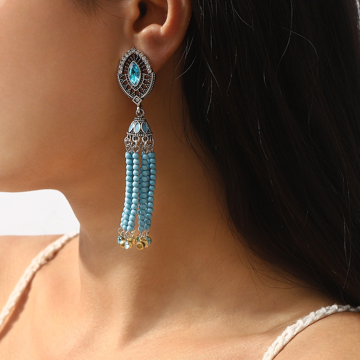 Pendientes de borlas geométricos bohemios con diamantes de imitación y base de aleación chapada para mujer