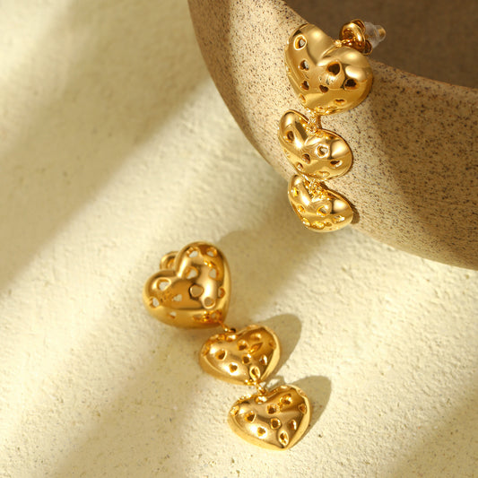 Fashionable Minimalist Hollow-Out Heart-Shaped Stainless Steel Earrings for Women with Fringe Detail and Plated Finish