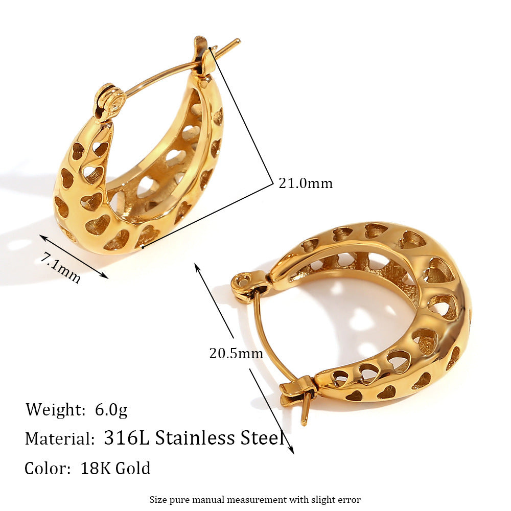 Fashionable Minimalist U-Shaped Geometric Stainless Steel Earrings with 18K Gold Plating and Hollow Heart Detail for Women