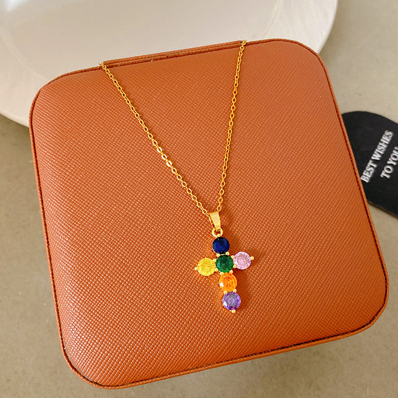 Sporty Sweet 18K Gold Plated Cross Titanium Steel Necklace with Cubic Zirconia for Women