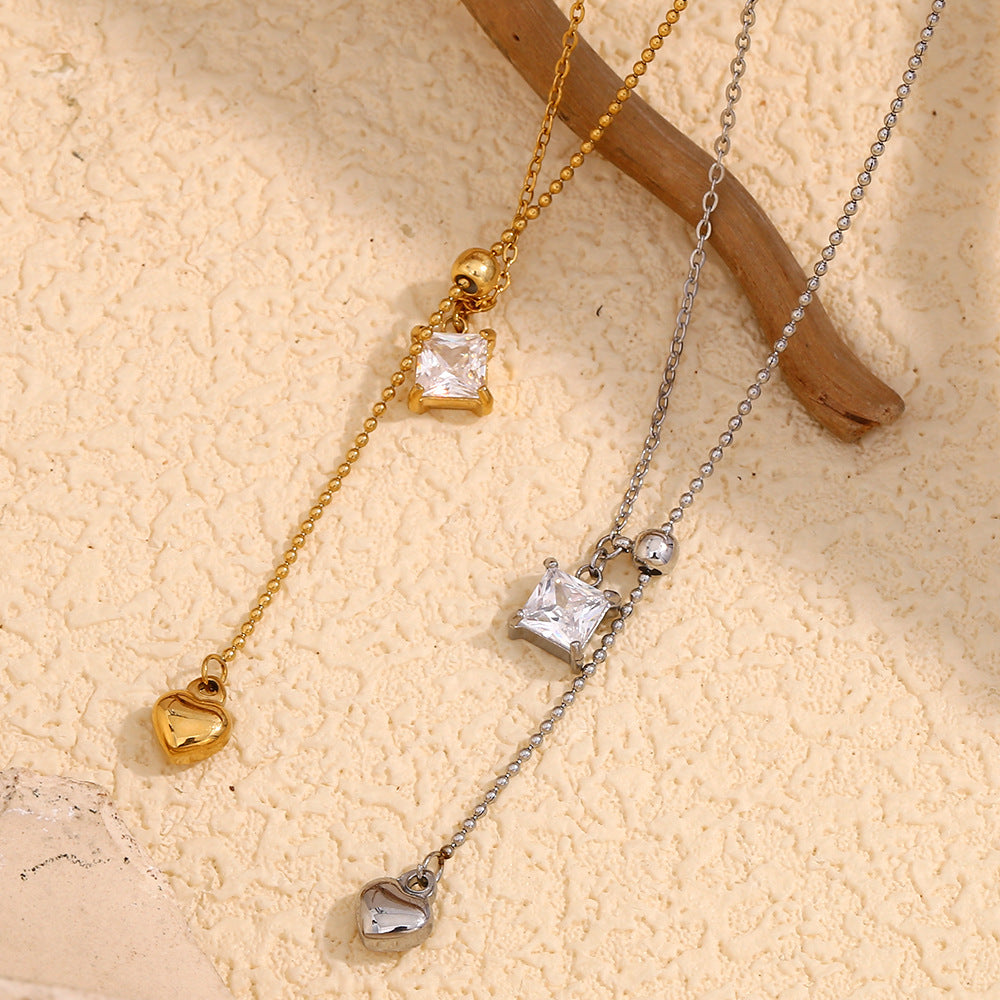 Minimalist Square Pendant Necklace with Stainless Steel Chain, 18K Gold Plated Titanium Steel Heart Charm, Zircon Inlay, and Fringe Detail for Women
