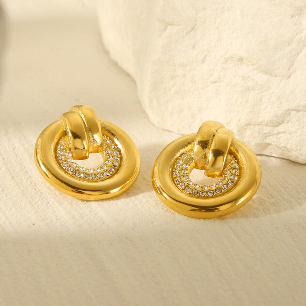 Ins Fashion Geometric Round 18K Gold Plated Stainless Steel Rhinestone Earrings for Women