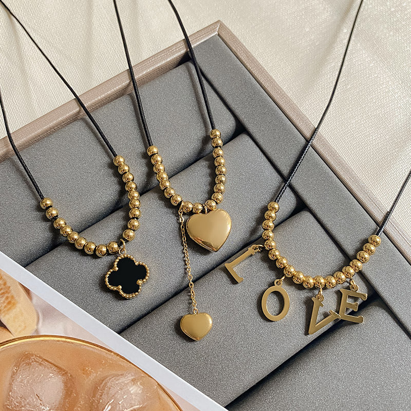 Vintage Black Gold Plated Titanium Steel Heart Geometric Pendant Necklace for Unisex