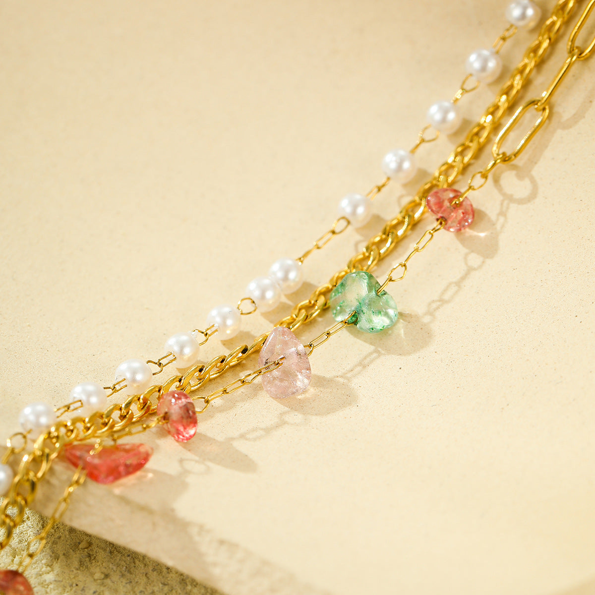 Fashionable Minimalist Stainless Steel Triple Chain Bracelet with Natural Stone Accents and Adjustable Closure for Women