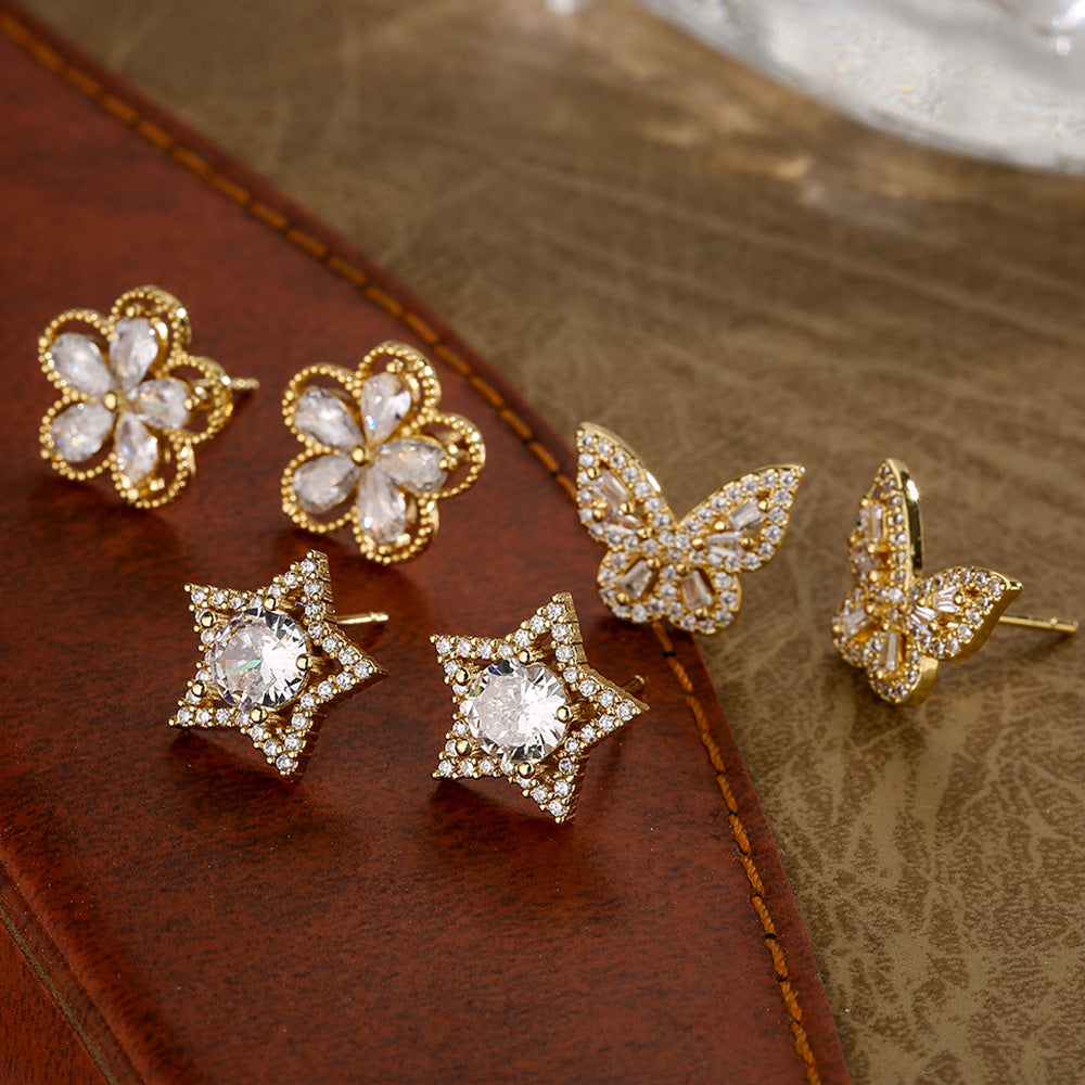 Orecchini Eleganti da Donna in Rame a Forma di Fiore e Farfalla con Zirconia Micro-Pavé