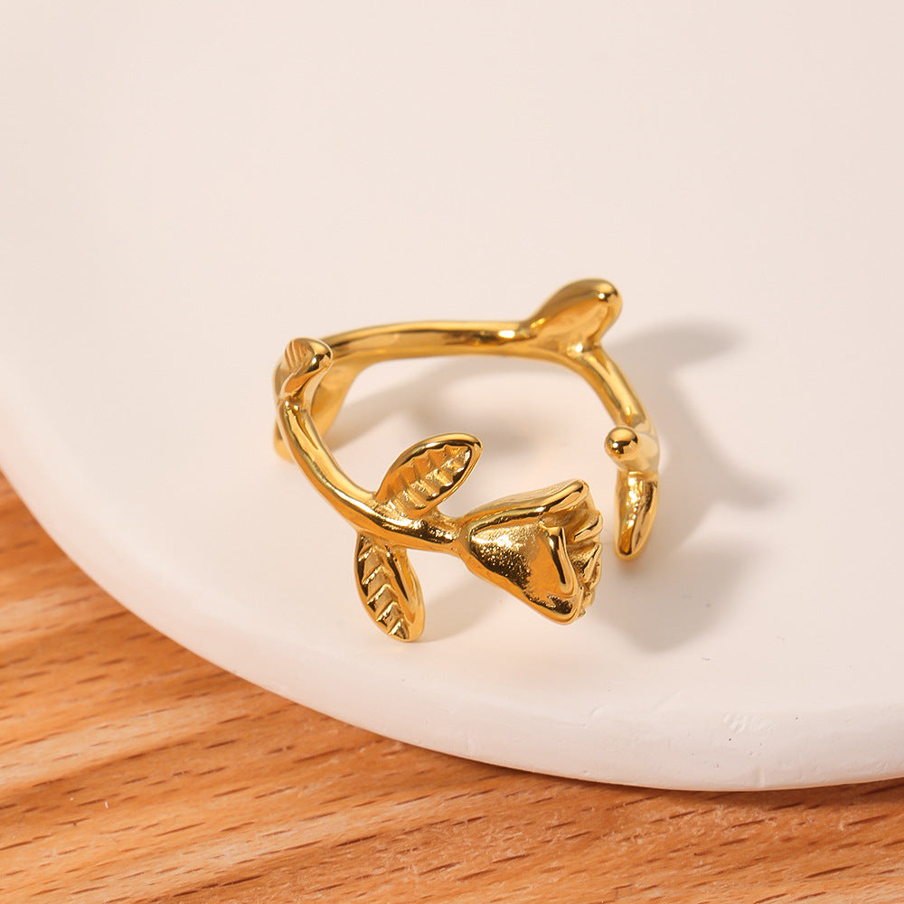 Vintage French Style Rose-Shaped Stainless Steel Ring with Gold Plating for Women, Geometric Design Fashion Ring