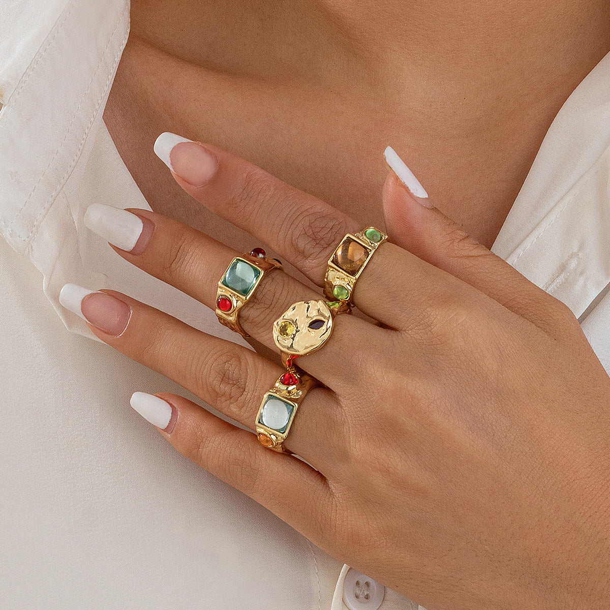 Elegant Geometric Alloy Ring with Colorful Gemstone Inlay Plated Finish for Women