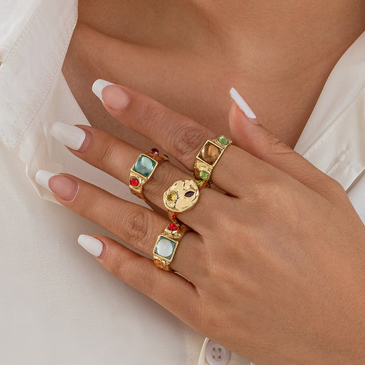 Elegant Geometric Alloy Ring with Colorful Gemstone Inlay Plated Finish for Women