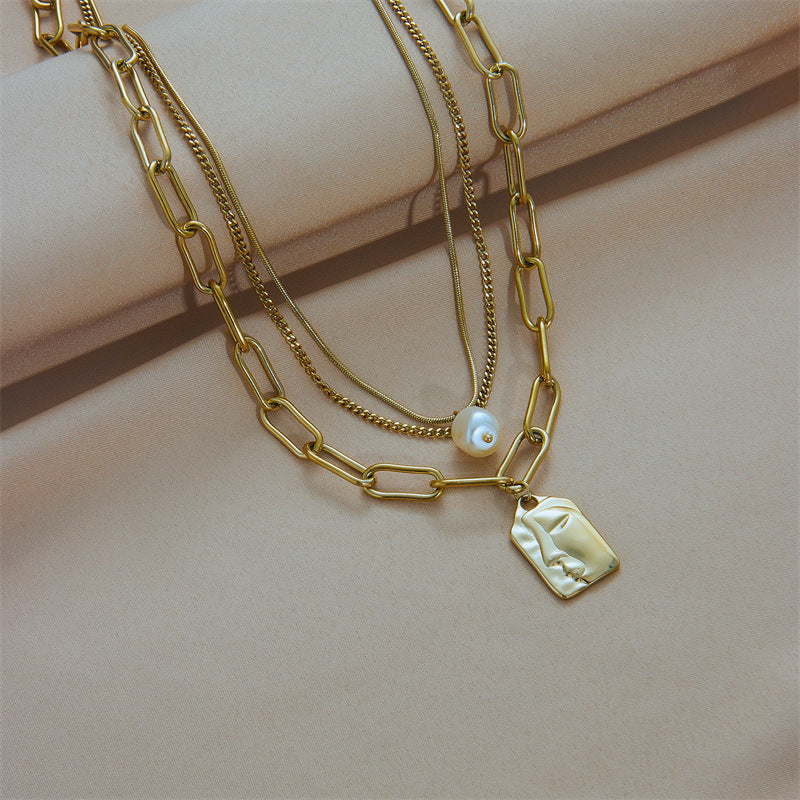 Vintage Fashion Geometric Titanium Steel Plated Necklace with Pearl and Face Pendant for Women