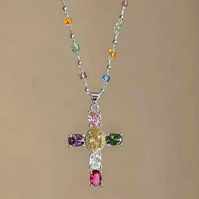 Sweet Colorful Cross Zinc Alloy Plated Necklace with Crystal Cubic Zirconia Inlay for Unisex