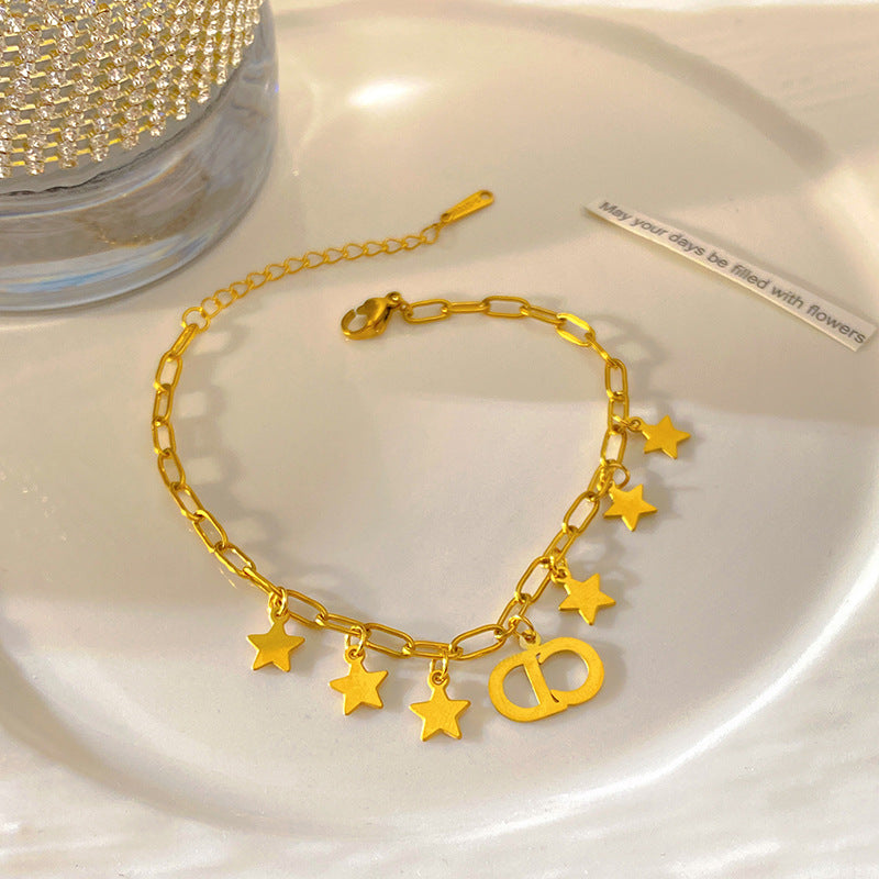 Sweet Minimalist Star Letter Titanium Steel Plated Bracelet with Tassel