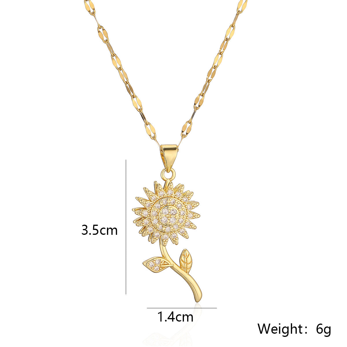 Minimalist Sunflower Pendant Necklace for Women with Rotating Design, Copper Base Plated in Real Gold, Zircon Inlay, Delicate Clavicle Chain