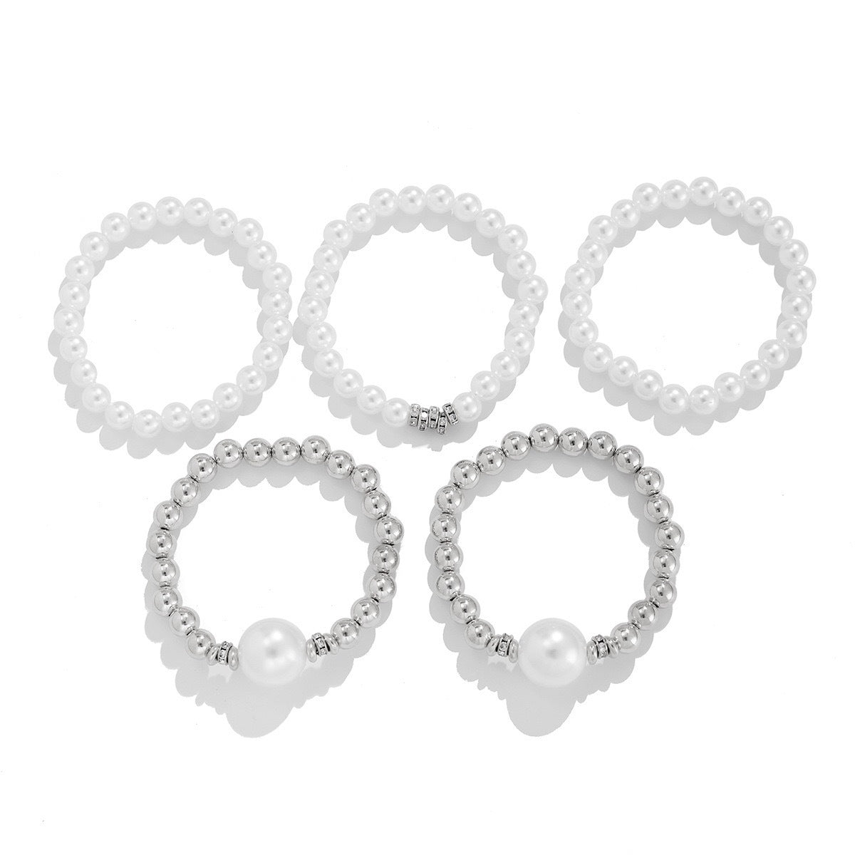 Bold Geometric Round Faux Pearl Plated Rhinestone Multi-Layer Open Cuff Bracelet for Women