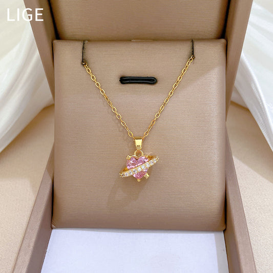 Luxury Heart Geometric Necklace for Women and Men Stainless Steel Rhinestone Pendant Chain