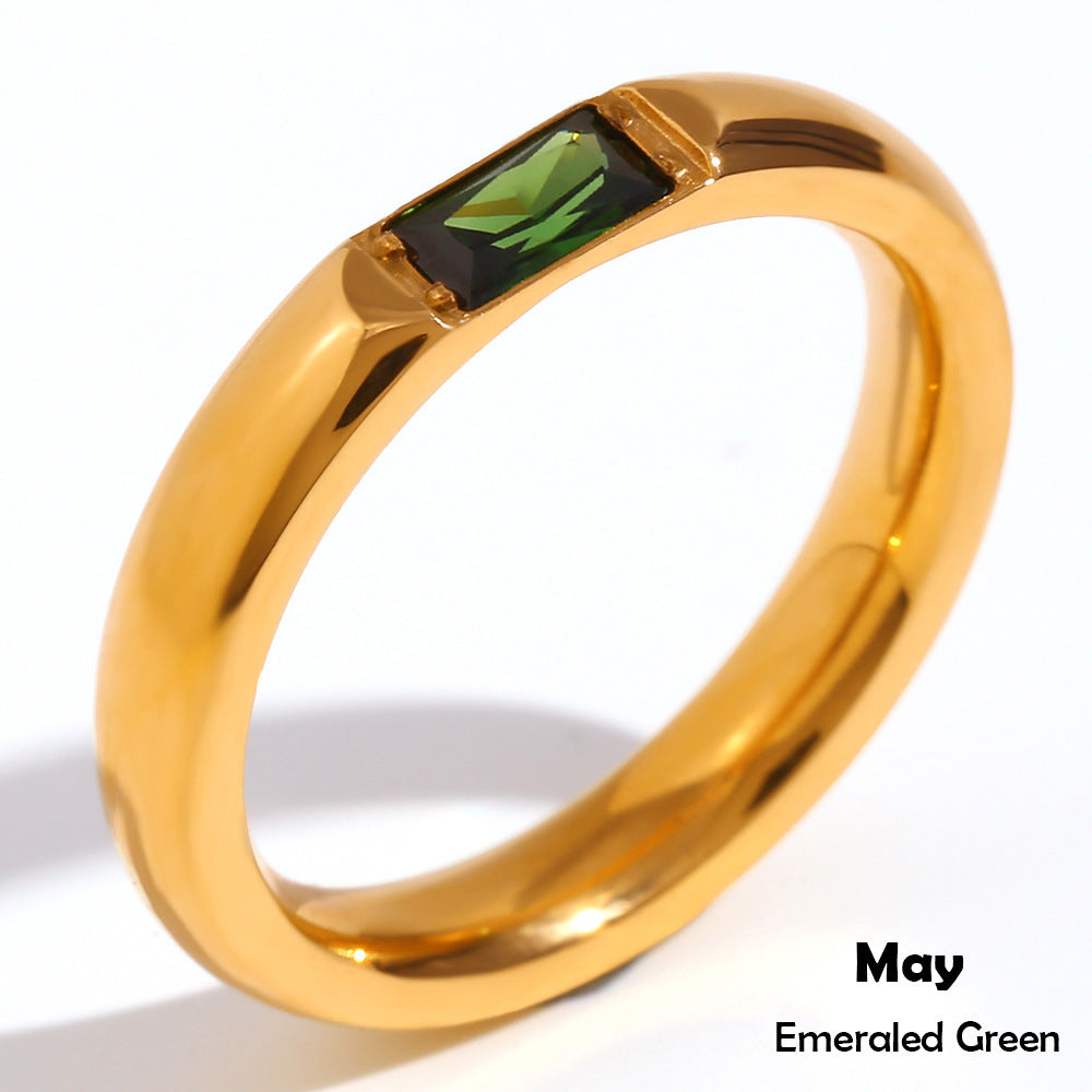 Anillo Minimalista Geométrico de Acero Inoxidable con Baño de Oro de 18K y Piedra Natal de Zirconia Rectangular para Mujer