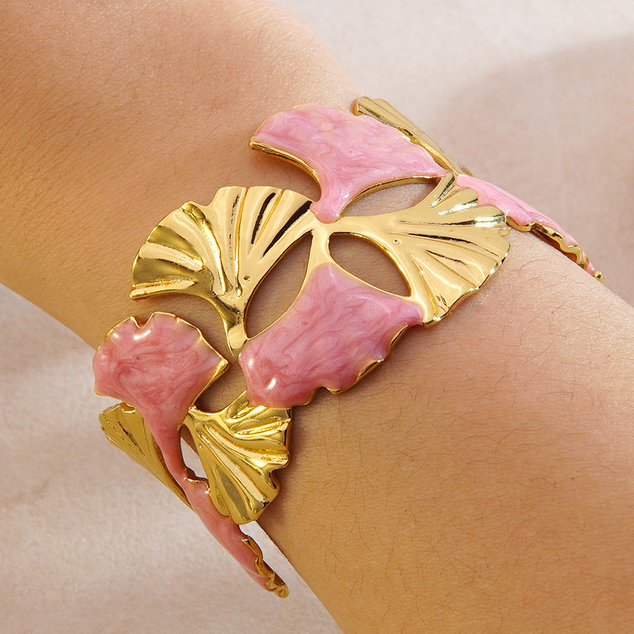 Sweet Minimalist Drip Oil Floral Ginkgo Leaf Stainless Steel Cuff Bracelet