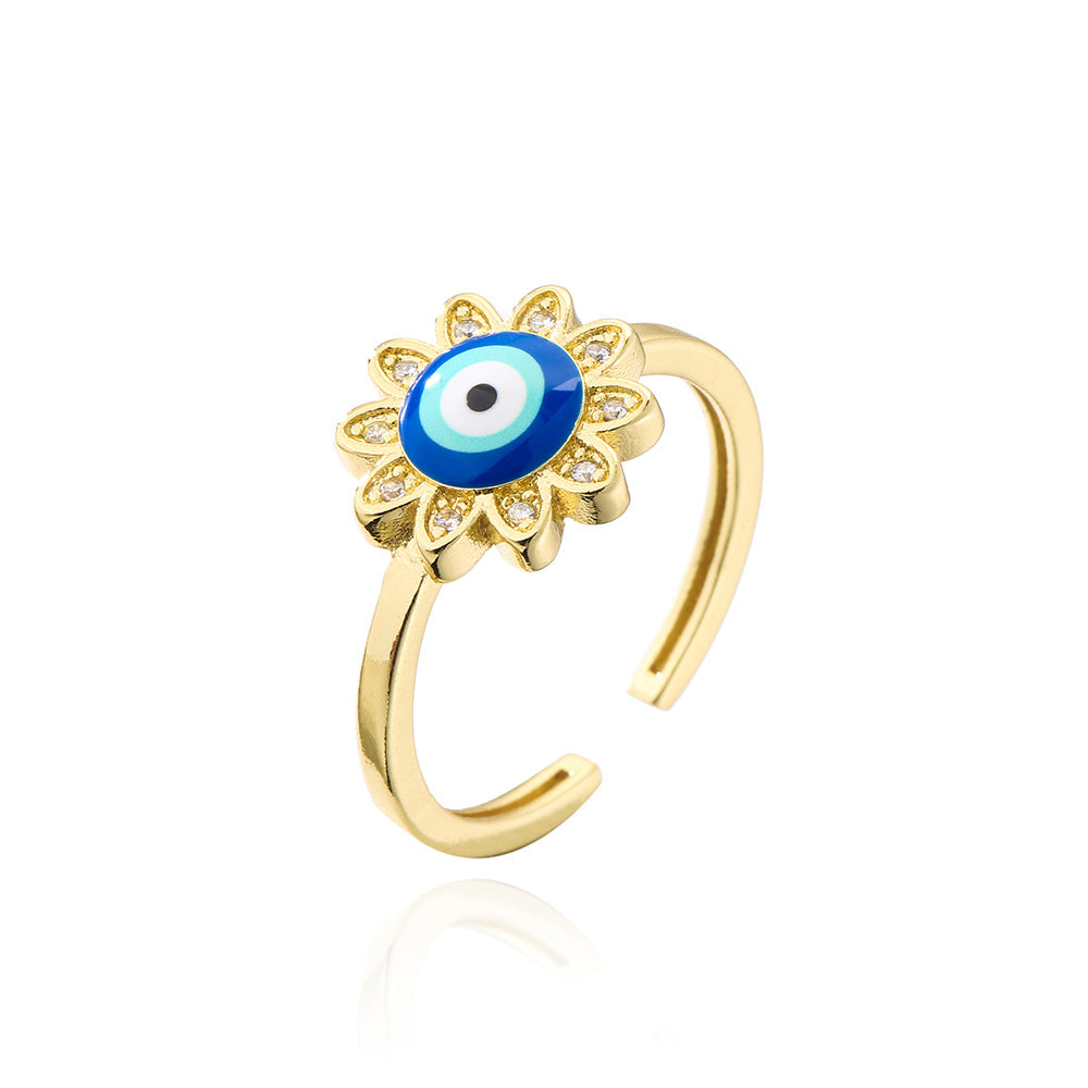 INS Style Geometric Open Ring for Women Made of Brass with Real Gold Plating Rhinestone Inlay and Enamel Eye Design