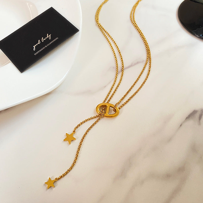Vintage Streetwear Star Geometric Titanium Steel Plated Necklace with Tassel for Unisex