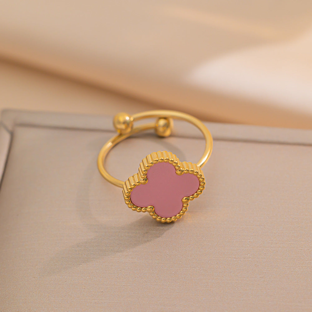 Minimalist Four-Leaf Clover Titanium Steel Adjustable Ring for Women with Hypoallergenic Plated Finish