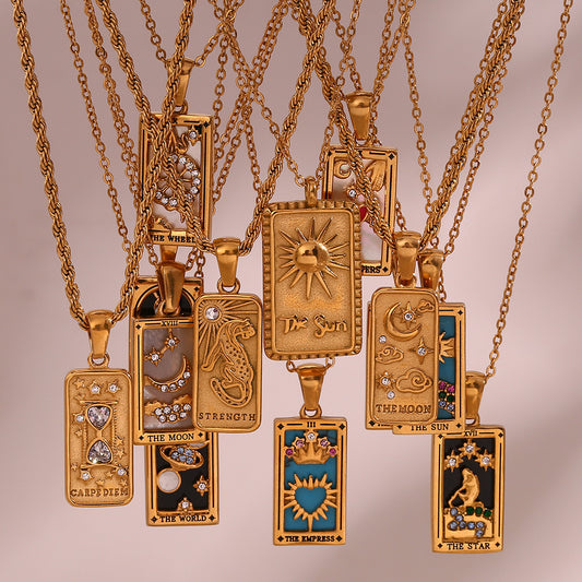 Collana con pendente rettangolare vintage alla moda in acciaio al titanio con smalto e intarsio di zirconi da donna