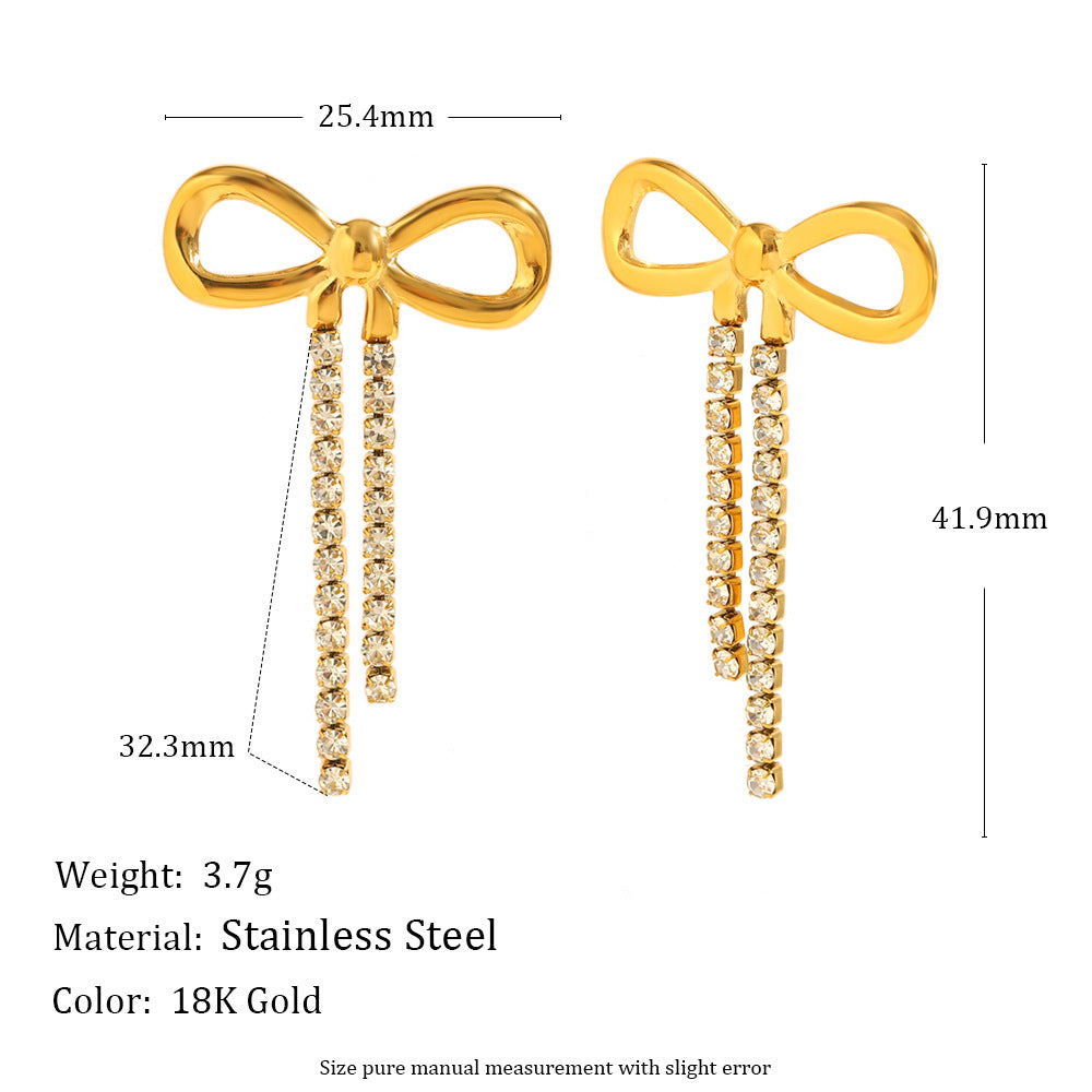 Orecchini pendenti a fiocco in acciaio inossidabile placcato oro 18K con accento in zircone, design minimalista e moderno, adatti per l'uso quotidiano