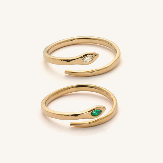 Anello da donna minimalista di lusso a forma di serpente in acciaio inossidabile con intarsio di zirconi e finitura placcata in oro