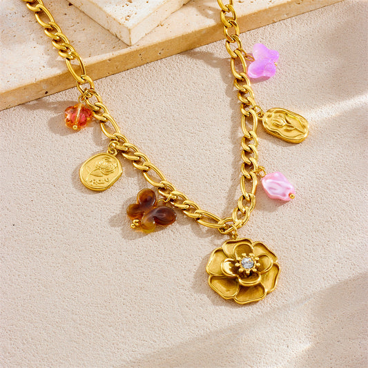 Fashionable Butterfly and Camellia Pendant Necklace in Gold-Plated Stainless Steel for Women