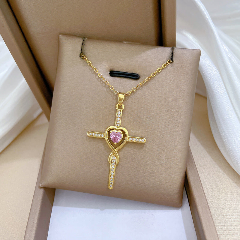 Minimalist Cross Pendant Necklace for Women and Men Stainless Steel Snake Chain with Rhinestone Inlay and Moon Motif