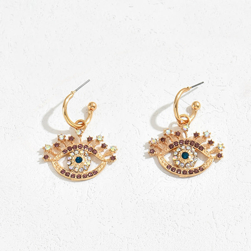 Conjunto de collar con colgante de ojo turco minimalista y pendientes de botón para mujer, de aleación con incrustaciones de diamantes de imitación