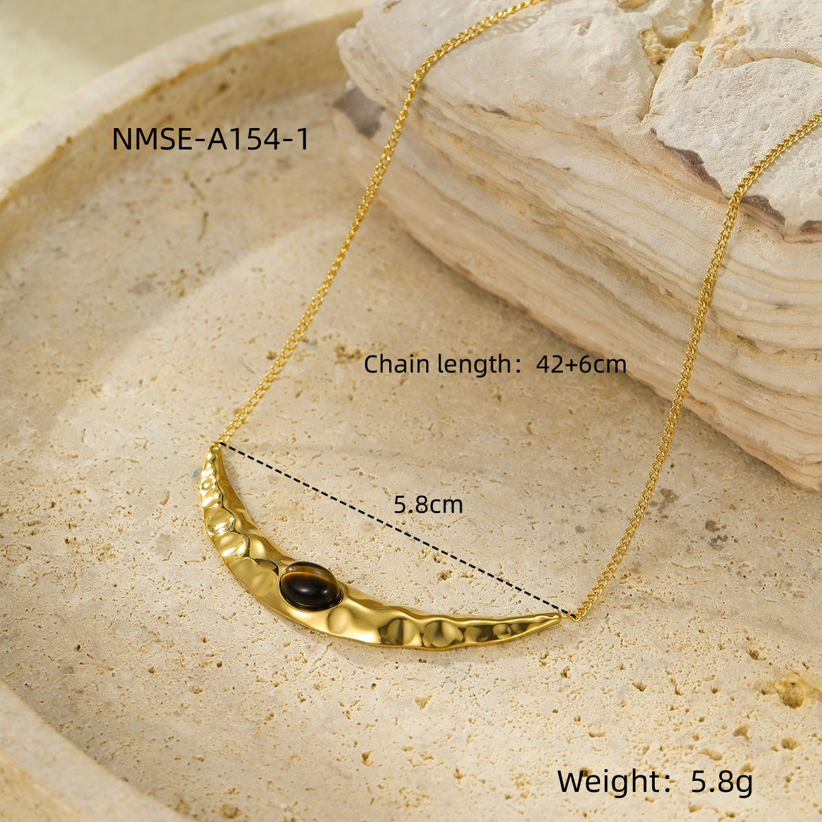 Vintage French Minimalist Stainless Steel Crescent Moon Pendant Necklace with Natural Stone Inlay, Hypoallergenic and Fade-Resistant Clavicle Chain