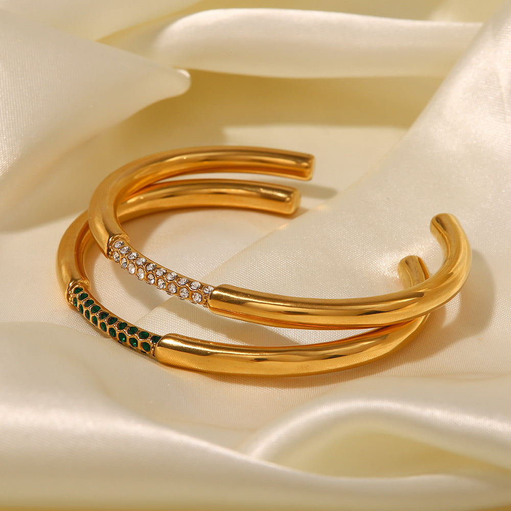 INS Style Geometric Stainless Steel Bracelet with 18K Gold Plating and Green Rhinestone Inlay