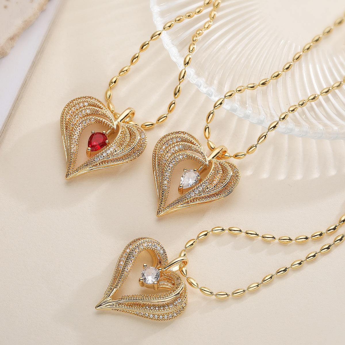 Elegant Hollow Heart Cubic Zirconia Gold Plated Brass Pendant Necklace for Women