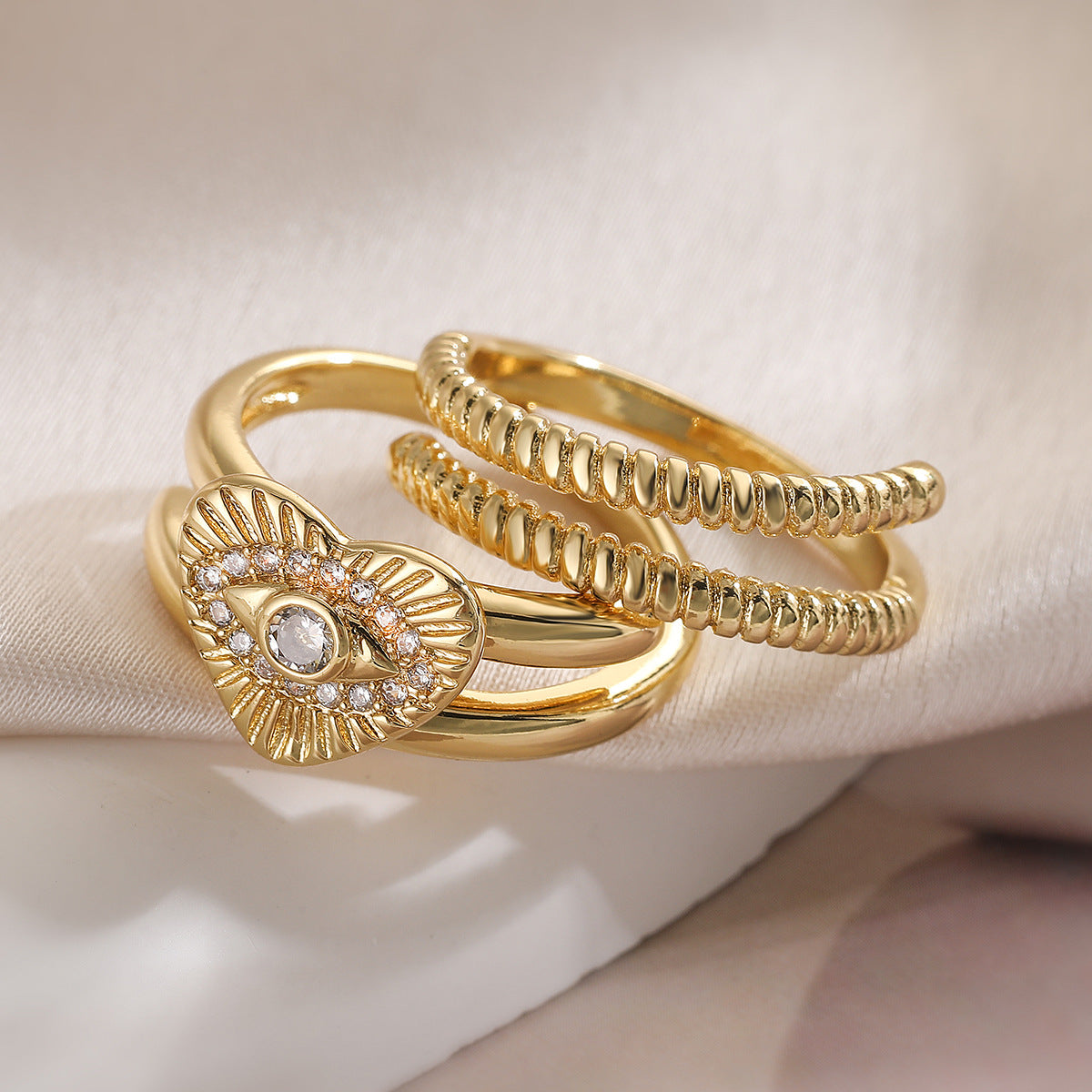 Minimalist Gold Plated Brass Geometric Ring with Cubic Zirconia Evil Eye and Tree of Life Design for Women