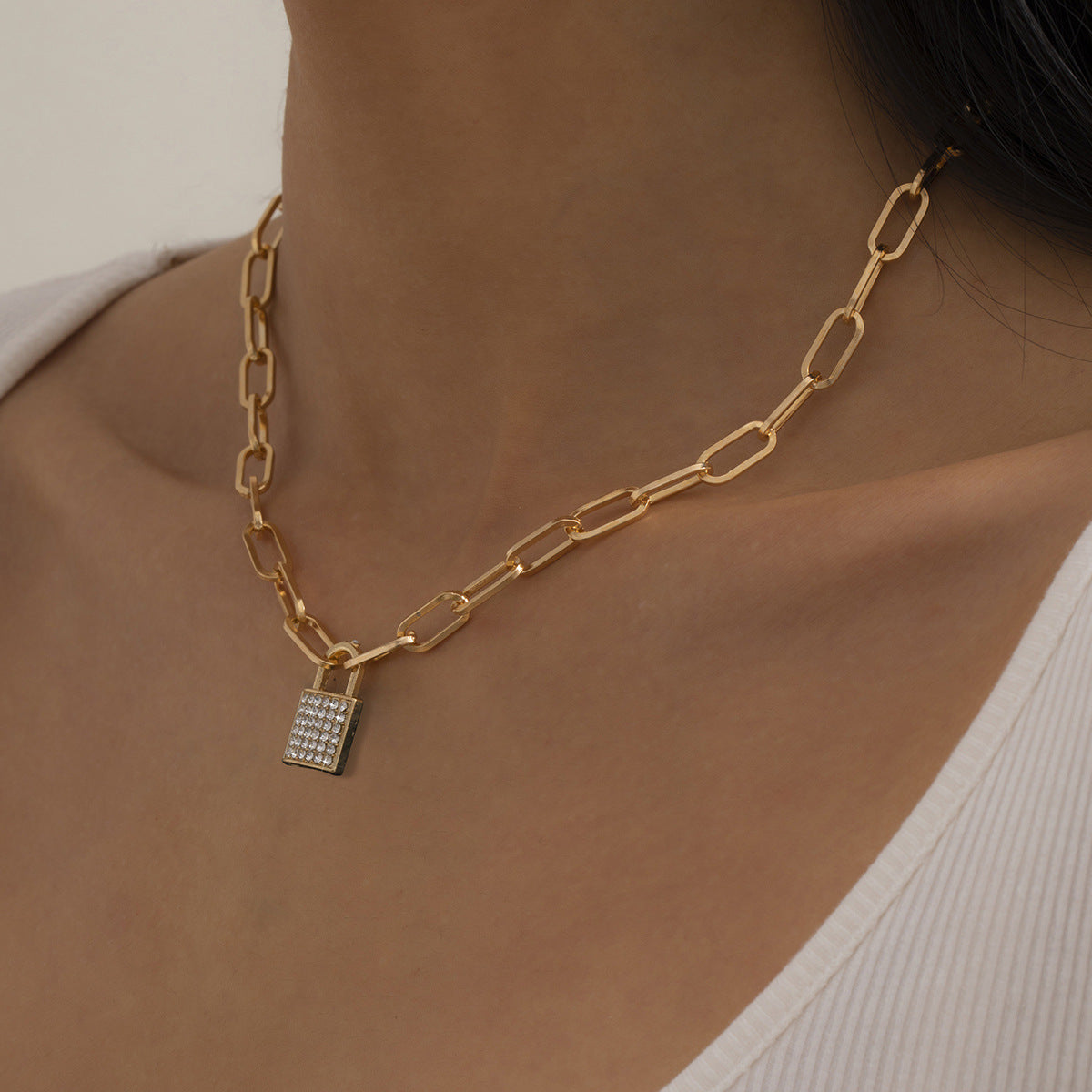 Minimalist Geometric Lock Pendant Plated Iron Necklace with Curb Chain for Women