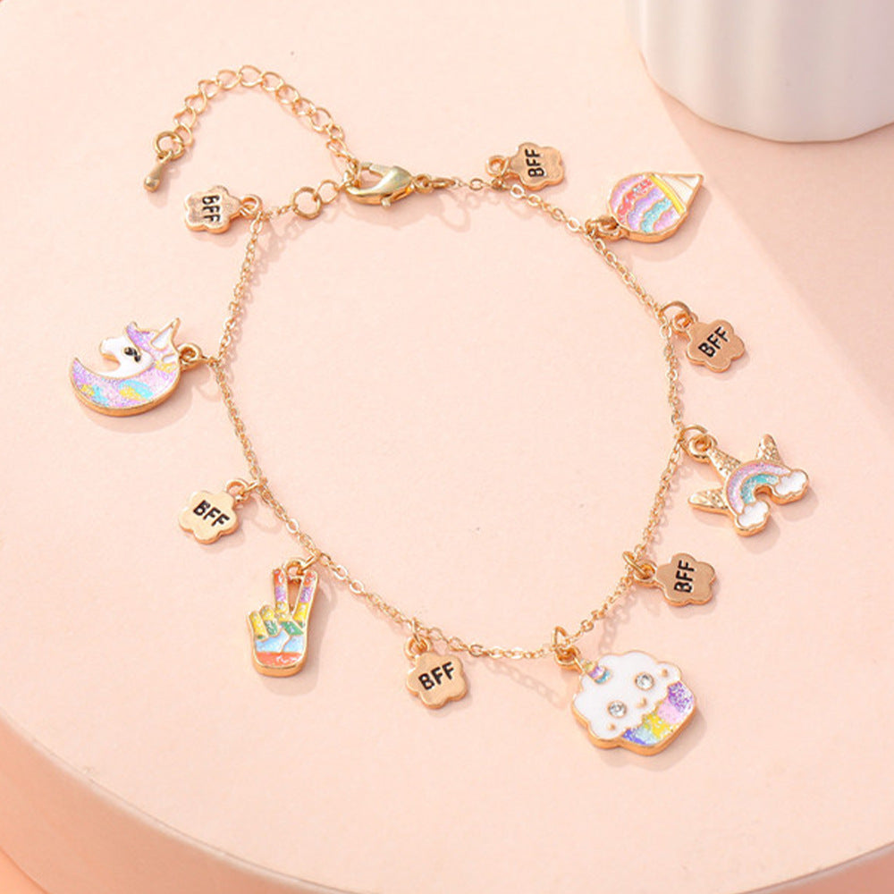 Cartoon Style Cloud Rainbow Unicorn Charm Bracelet for Kids in Alloy with Enamel Finish and Rhinestone Inlay