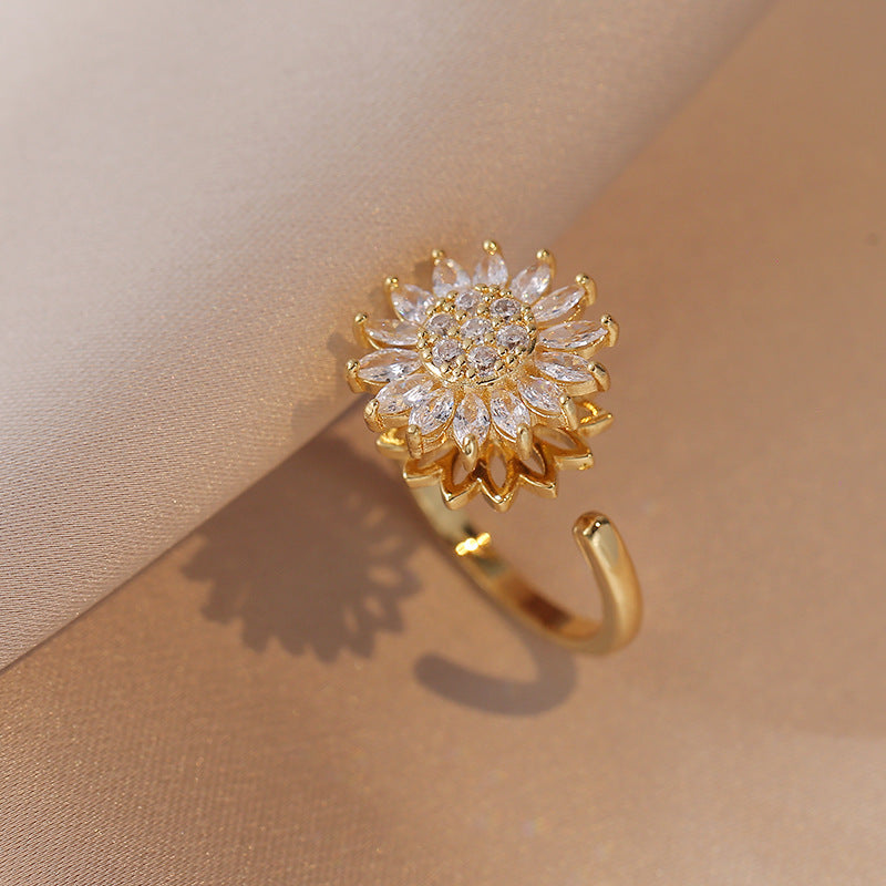Anello Girevole a Girasole da Donna, Anello da Dito Aperto Minimalista in Rame Placcato con Design Artistico Floreale