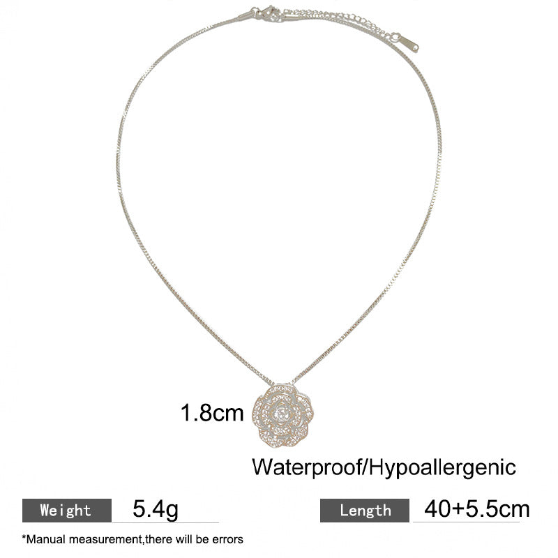 Minimalist Sweet Rhinestone Camellia Flower Titanium Steel Necklace with Brass Pendant for Unisex