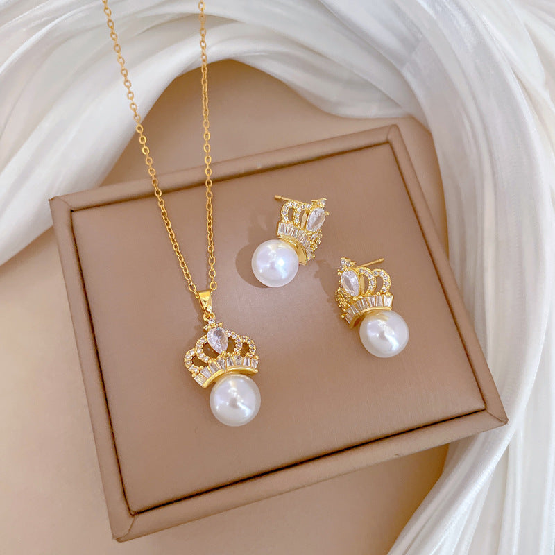Minimalist Geometric Titanium Steel Necklace and Earrings Set with Rhinestone Inlay and Pearl Accents for Women