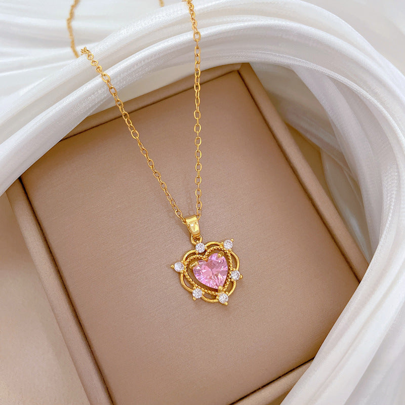Luxury Titanium Steel Hollow Heart Pendant Necklace for Women with Full Rhinestone Inlay, Delicate Clavicle Chain in Geometric Design