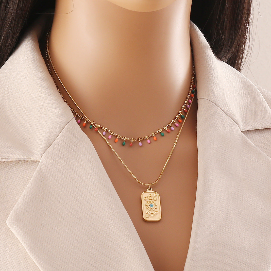 Fashionable Geometric Stainless Steel Double-Layer O-Chain Necklace with Enamel-Drop Pendant for Women