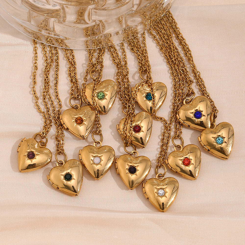 Minimalist Heart Locket Necklace with December Birthstone, Stainless Steel & Titanium Steel, 18K Gold Plated